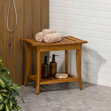 Tucker 22.1" Traditional Classic Slatted Solid Acacia Wood Indoor/Outdoor Shower Bench with Shelf and Handle